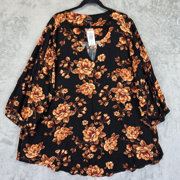 Torrid Blouse Womens 5X Black Floral Crepe 3/4 Sleeve Chainlink Keyhole 18859215 - Picture 1 of 11